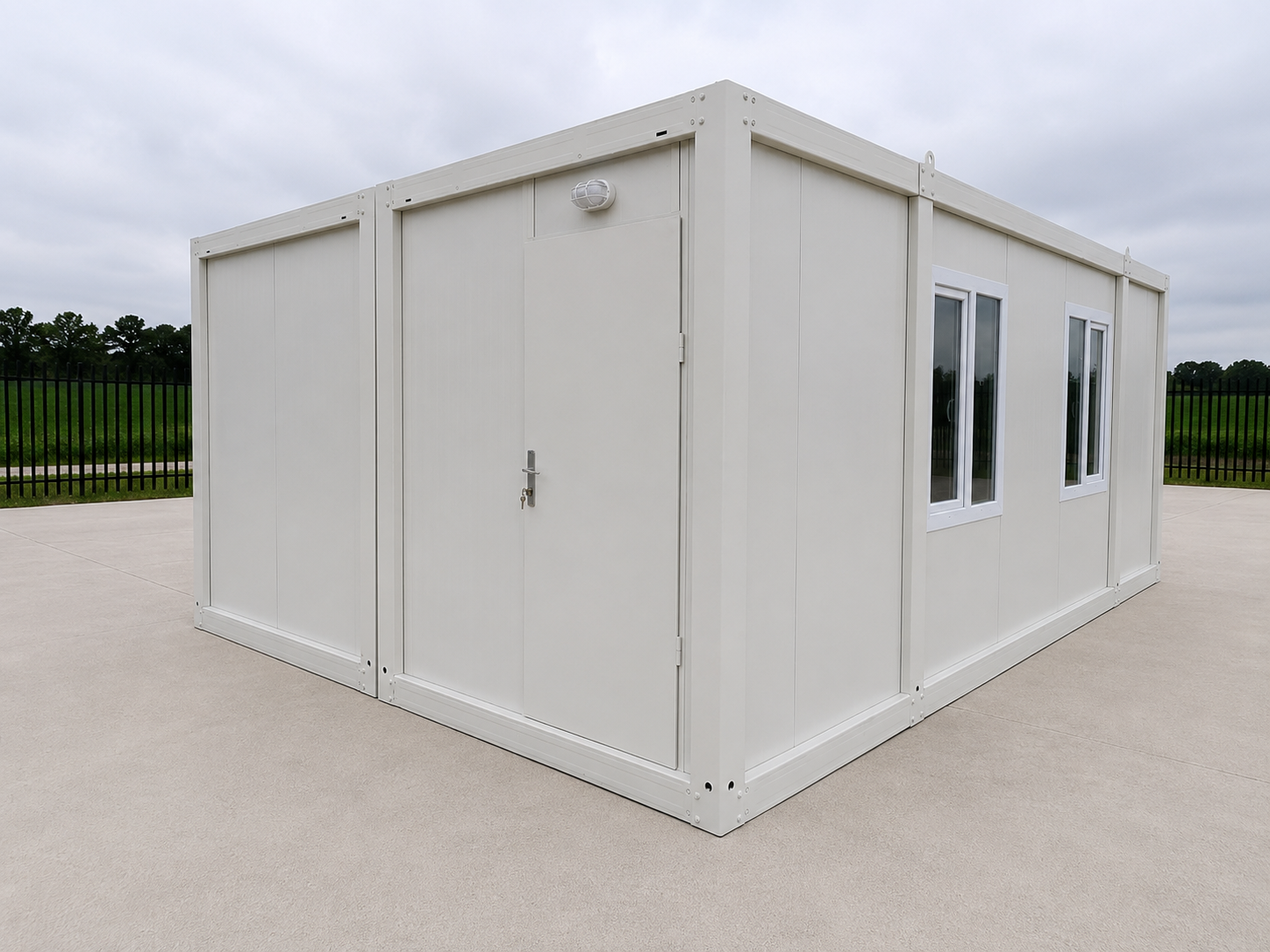 Bungalow bureau, d’habitation ou de bureau — blanc, 6 × 4,8 m, double et assemblé.