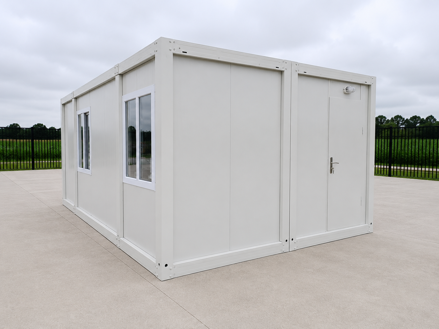 Bungalow bureau, d’habitation ou de bureau — blanc, 6 × 4,8 m, double et assemblé.