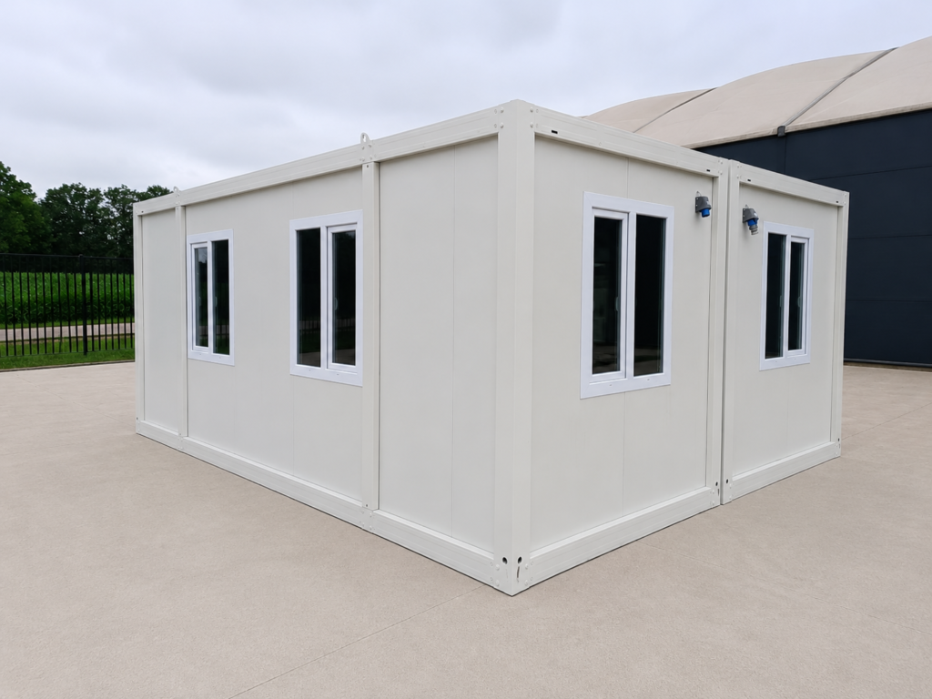 Bungalow bureau, d’habitation ou de bureau — blanc, 6 × 4,8 m, double et assemblé.