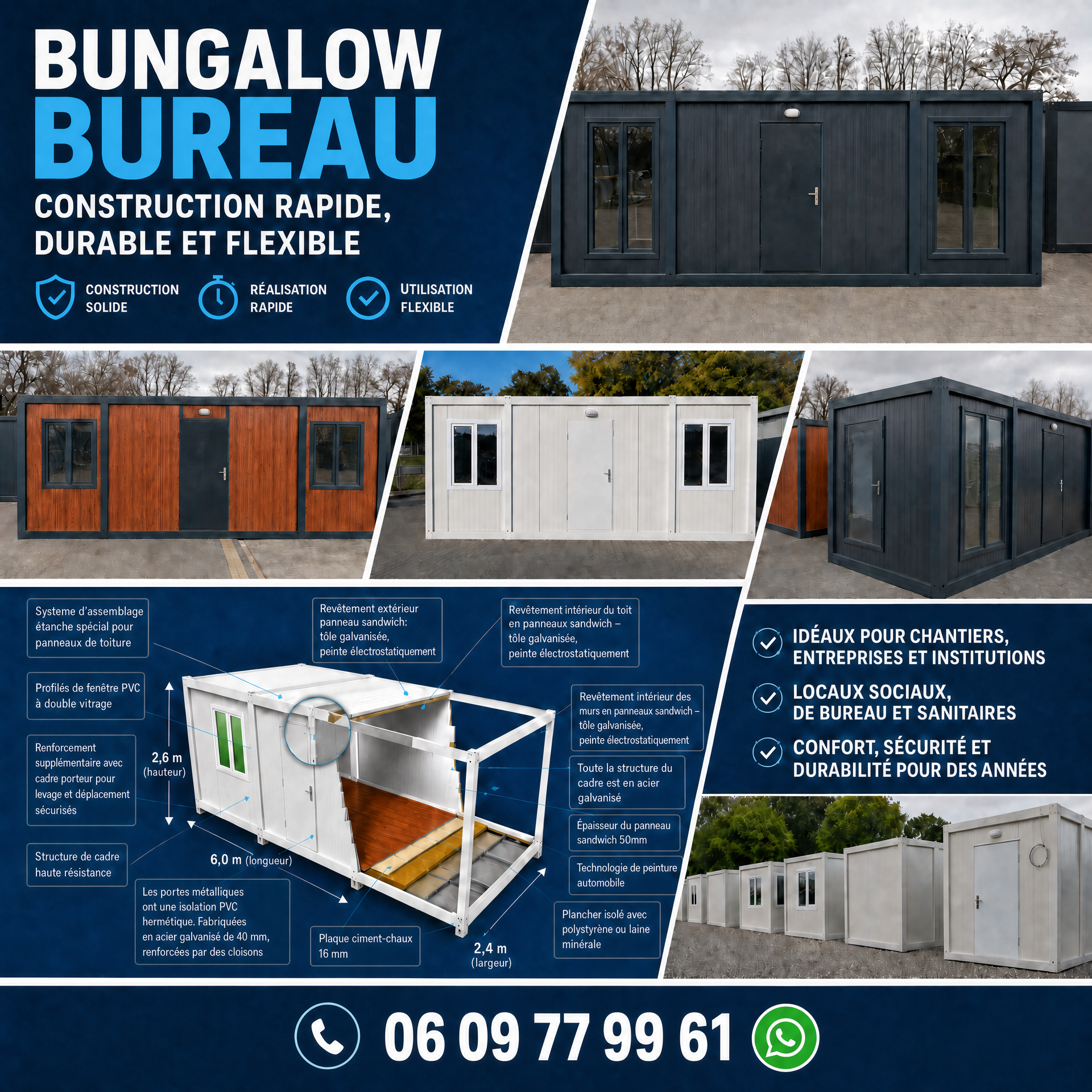 BUNGALOW BUREAU 6 x 2,4 m ANTHRACITE  AVEC GRANDES FENÊTRES